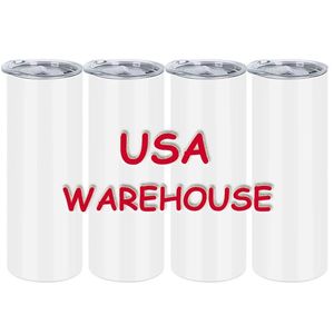 US stocked 20oz white blank Sublimation Tumblers straight Double Wall Stainless Steel Car Mugs Insulated Water Bottles with plastic straw 0118