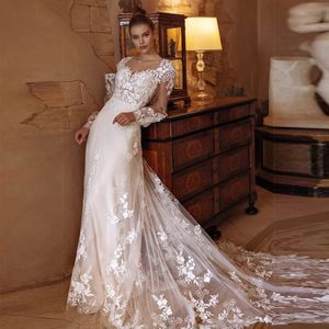 Elegant Wedding Dresses Modern Beading Glitter Long Sleeves Lace Appliques Backless Bridal Gown Robe De Mariee Custom YD