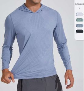 LU LU L Camisa masculina com capuz de secagem rápida e manga comprida Camisetas de treino para corrida Respirável Compressão para andar Top Roupas da moda Rdde Roupas da moda 13