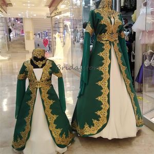 Green With White Turkish Wedding Dress With Appliques Vintage Long Sleeve Pakistani Beaded Gold Lace Kaftan Moroccan Bridal Dress 2024 Muslim Islamic Bride Gown