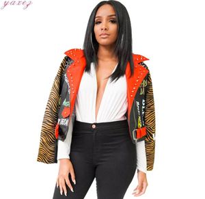 Women039s Studded Leather Printing Casual Fashion Coat Rivet Cool Show Charm Slim Short Feminino Jacket Women Turndown Collar9009723