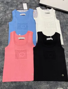 Modedesigner 2024 Summer 4 Color Casual Hollow Out T-shirts Women's Round Neck Sleeveless Solid Color Slim Tops