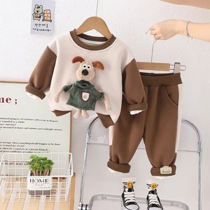 Autunno Inverno Bambini Ragazzo 2 PZ Vestiti Set Cartoon Dog Spliced Pullover Adesivo In Pile Pant Baby Boy Outfit Kid Boy Abiti 240117