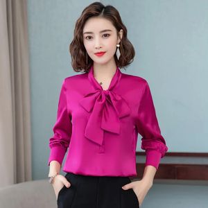 Elegante cor brilhante arco cetim de seda camisa feminina blusa manga longa moda coreano escritório senhoras camisa trabalho básico feminino topos 240117