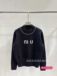 Designer Womens Sweaters Miu Home High Edition Autumn New Age Reducing Academy Style Round Neck Studded Diamond Letter Embroidery Loose Long sleeved Sweater Long sl