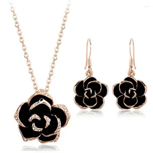 Collana di orecchini set di gioielli alla moda fiore di rosa nera cristallo color oro rigant per regalo di donne e ragazze