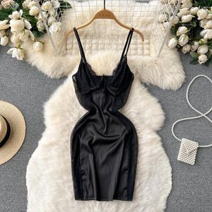 Lässige Kleider Frühling und Sommer Sexy schwarze Spitze Spleißen V-Ausschnitt Split Kleid Vintage Damen Wrap Hüfte rückenfrei durchsichtiges Nachthemd