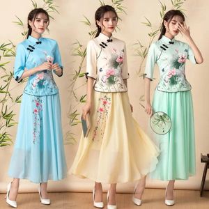Ethnic Clothing 2024 Two Piece Cheongsam Chinese Dress Elegant Vintage Floral Print Modern Women Daily Qipao Traditional Clothes