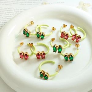 Stud Earrings Trendy Stainless Steel For Women Red And Green Zircon C-shaped 2024 Fashion Jewelry All-match Girlfriends Gift