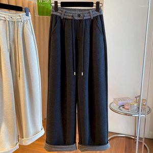Женские брюки, широкие женские брюки из шерстяной ткани, однотонный дизайн, повседневные свободные брюки в корейском стиле с эластичной резинкой на талии, мешковатая одежда