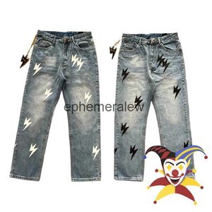 Calças masculinas Vintage Lightning Splicing Straight Leg Jeans Calças Homens Mulheres 1/1 Alta Qualidade 2024SS Corredores Calçasephemeralew