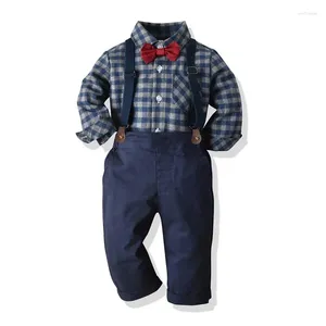 Conjuntos de roupas Criança Menino Cavalheiro Ternos Criança Formal Outfit Manga Longa Lapela Botão Up Camisa Xadrez Suspender Calças