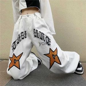 سراويل الرجال 2022 New Ins Star Pentagon Sanskrit Jeans Vintage Street Wash White Pants Men and Women's Y2K Harajukuyolq