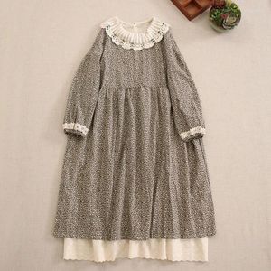 Casual Dresses Forest Style Cute Sweet Floral Cotton Linen For Women Girls Loose Holiday Long-sleeved Lace Doll Neck Long Dress