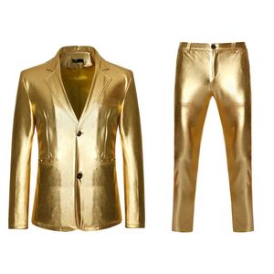 Mäns glänsande guld 2 stycken kostymer blazerpants Terno Masculino Fashion Party DJ Club Dress Tuxedo Suit Men Stage Singer kläder 240117