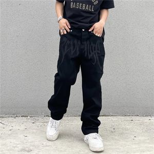 Y2k preto baggy jeans masculino streetwear americano retro impresso carta calças reta hiphop solto denim calças 240117