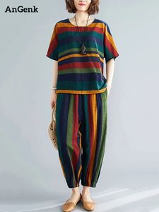 Pamuk keten vintage çizgili yaz gündelik 2 iki parça set kısa kollu gevşek tişört kadın üstleri femme harem pantolon takım elbise 240117