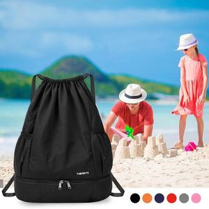 Sacos Dobrável Cordão Mochila Sports Gym Bag com compartimentos molhados e secos para natação Praia Camping