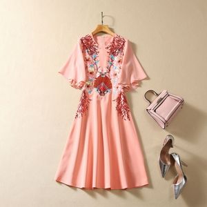 2024 Spring Pink Floral Embroidery Ruffle Dress 1/2 Half Sleeve Round Neck Sequins Knee-Length Casual Dresses S3N121109