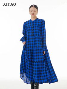 Abiti casual XITAO Plaid Patchwork Colletto alla coreana Colore a contrasto Monopetto Allentato a metà polpaccio Abito dimagrante 2024 Inverno DMJ3419