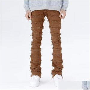 Jeans da uomo Jeans da uomo Pantaloni svasati da lavoro retrò Grunge Pantaloni lunghi strappati impilati selvaggi Dritti Y2K Baggy lavato sbiadito per uomo Drop Dhhn2