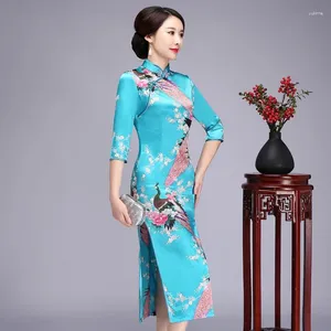 Ethnic Clothing Floral&Peacock Chinese Lady Plus Size Qipao S-6XL Elegant 3/4 Sleeve High Qplit Cheongsam Print Rayon Traditional Dress Gown