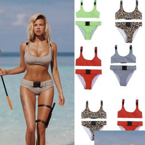 Ternos de uma peça Mulheres Mticolor Two-Piece Belt Bikini Swimsuit Swimwear Senhora Meninas Cintos Crop Top Set One-Peça Drop Delivery Sports Ou DHDZN