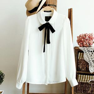 Blusas brancas chiffon peter pan colarinho camisa casual senhoras tops blusa escolar 2 estilo feminino elegante gravata borboleta preta 240117
