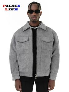 Winter Men's Vintage Jacket Coats High Street Suede Material Crock Jackets med dragkedja Lapel Loosed Casual för män 240117