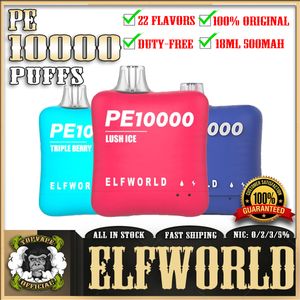 Original Elfworld PE10000 10K PULD 10000 10K Uppladdningsbar engångscigaretter Vape Pen Mesh Coil med 500mAh Batteri 18 ml Förfylld tank vs Elf World DC5000