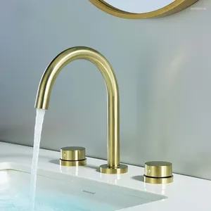 Bathroom Sink Faucets Top Quality Brass Faucet Brushed Gold Copper Basin Mixer Three Holes Two Handles Cold Water