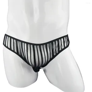 Underpants Sexy Mens Striped Underwear Thong Mesh U Convex Sheer See-Through Pouch Bikini Briefs Translucent Calzoncillos Hombre