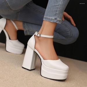 Dress Shoes Block High Heel Bridal Platform Heels Wedding Party White Yellow Red Pumps For Women Ankle Buckle Square Toe Ladies Summer