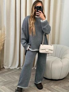 Women's Pants Casual Set Solid Color Long Sleeve Knit Sweater And Loose Wide Leg 2024 Autumn Two 2 Piece Outfit Tracksuit