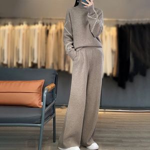 Woman's Sets Winter Thick Woman' Sweaters Long Sleeve Turtleneck Female PulloverWoman's Pant Wide Leg Pants Full Length Trouser 240117