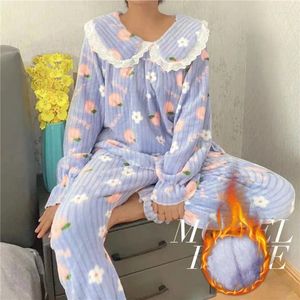 Kvinnors sömnkläder konstigt höstvinter kvinnor o-hals långärmad pyjamasdräkt 2 stycke stickad tecknad varm korall fleece pyjamas set