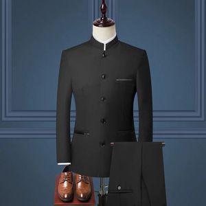 Ternos masculinos conjunto jaqueta calças boutique moda gola estilo chinês fino ajuste ternos de duas peças roupas masculinas de casamento 240117