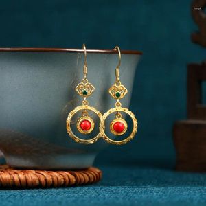 Stud Earrings Chinese Style 925 Silver Needle Ancient Gold Plated Ruyi Hollow Imitation Southern Red Agate Xiangyun Safe For Women