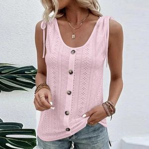 Regatas femininas verão u pescoço regata sexy flor oco para fora roupas casuais design de botão sólido t-shirts bonito bowknot para meninas