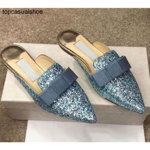 JC Jimmynessity Choo Slippers Gala 2022 Glitter Kaliteli Kadın Ayakkabıları Yaz Saçma Toe Flats Bow Ladies Flip Flops Lüks Tasarımcı Terlik Sandal Ayakkabı