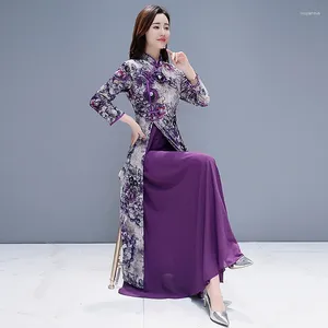 Abbigliamento etnico Viola Abito stile cinese Cheongsam Donna Moderno Migliora Eleganti Lungo Qipao Primavera Autunno Vintage Donna Vietnam Ao Dai