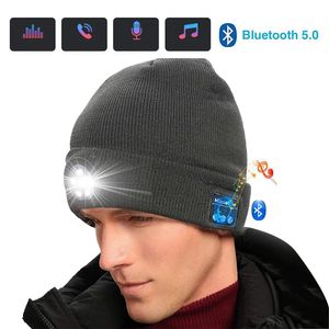 Hörlurar Bluetooth Earphone Music Beanie Hat Winter Warm Knitting Hat Wireless Headphone Cap LED Strålkastare Running Sport Hat With Mic