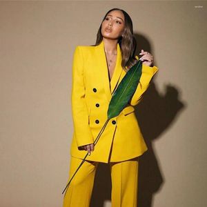 Calças femininas de duas peças amarelo moda calça ternos para mulheres duplo breasted casaco escritório senhoras casual mangas compridas blazer perna reta