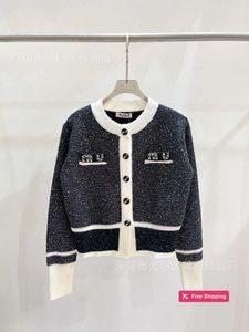 Designer Womens Sweaters Miu Home High Edition AutumnWinter Fragrant Style High Quality Heavy Industry Hot Rolled Diamond Letter Single breasted Block Color Sweat
