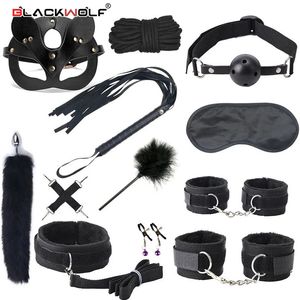 BLACKWOLF BDSM Kits Bed Bondage Set Exotic Handcuffs Whip Gag Tail Plug Sex Toys For Women Couples Adults Games Sex Products 240118