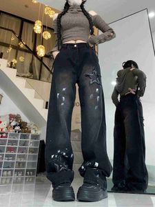 Jeans femininos americano retro pentagrama salpicado de tinta jeans tubo reto para mulheres no outono nova dopamina vestindo calças de perna larga de cintura alta