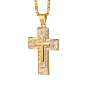 Hiphop isad ut stora korshänge hane 14k gul guld kubik zirkoniume kristna halsband för män religiösa smycken