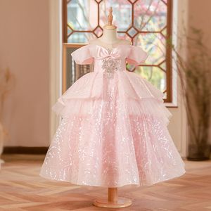 2024 luxuosos rosa brilhante menina de renda de renda de renda lilttle Kids Weddding Tulle Puff Birthday Vestres Vestes Domes Domenses 403