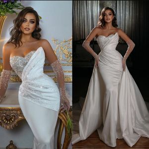 Hochzeit klassische Meerjungfrau abnehmbare trägerlose Pailletten Brautkleider Satin ärmellose Braut Sweep Zug Kleider nach Maß