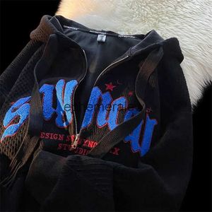 Men's Hoodies Sweatshirts Tracksuits Y2K Letter Embroidery Sweatshirt Men Harajuku Gothic Oversized hooded Grunge Hip Hop clothes Zip-up Sweatshirtephemeralew